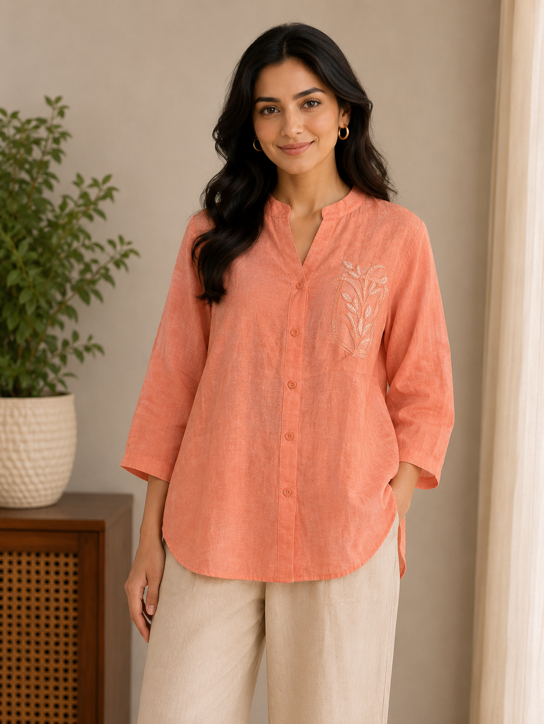 Orange Pearl Embroidery Shirt