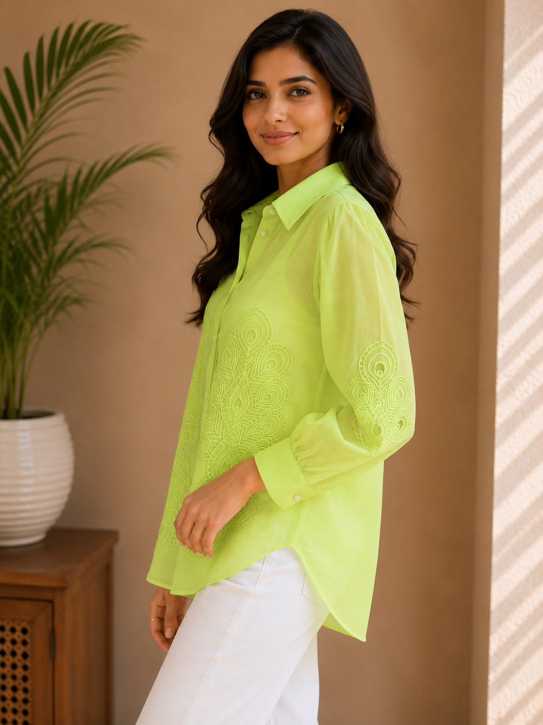 Pista Green Cutwork Organza Shirt