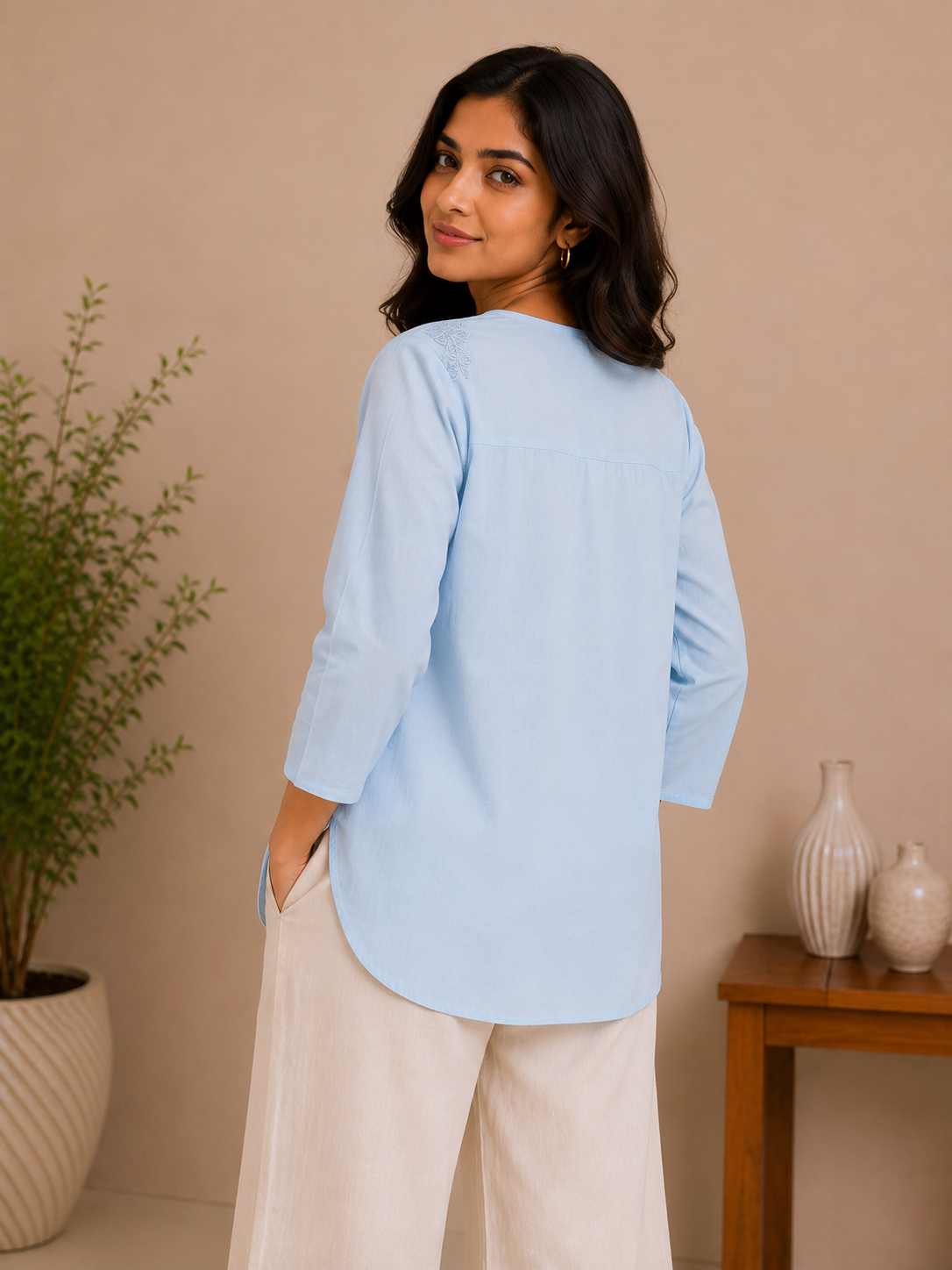 Skyblue V Neck Pearl Work Top
