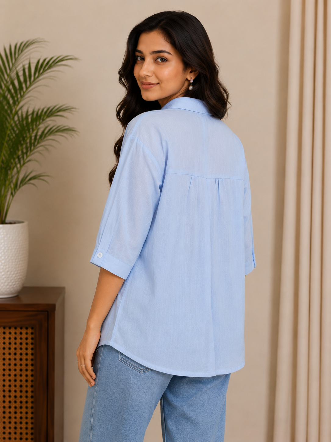 Skyblue Pink Flower Print Shirt