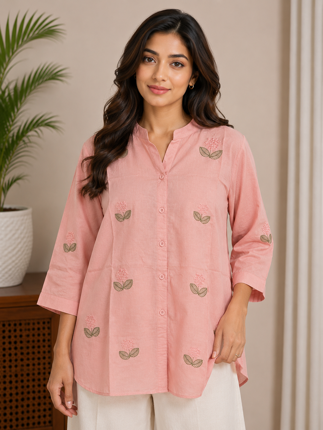 Dusty Peach Leaf Embroidery Shirt