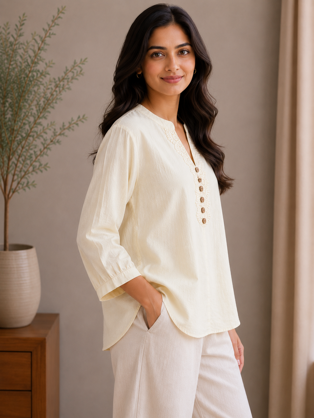 Cream V Neck Top