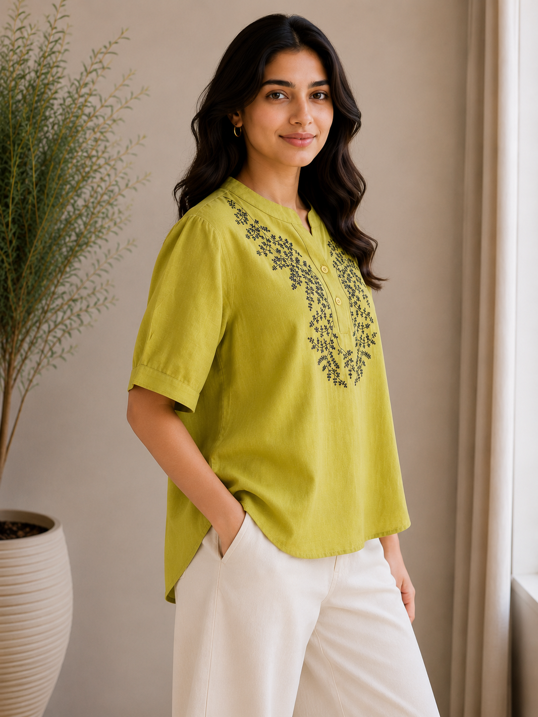 Green Brwon Embroidery Top