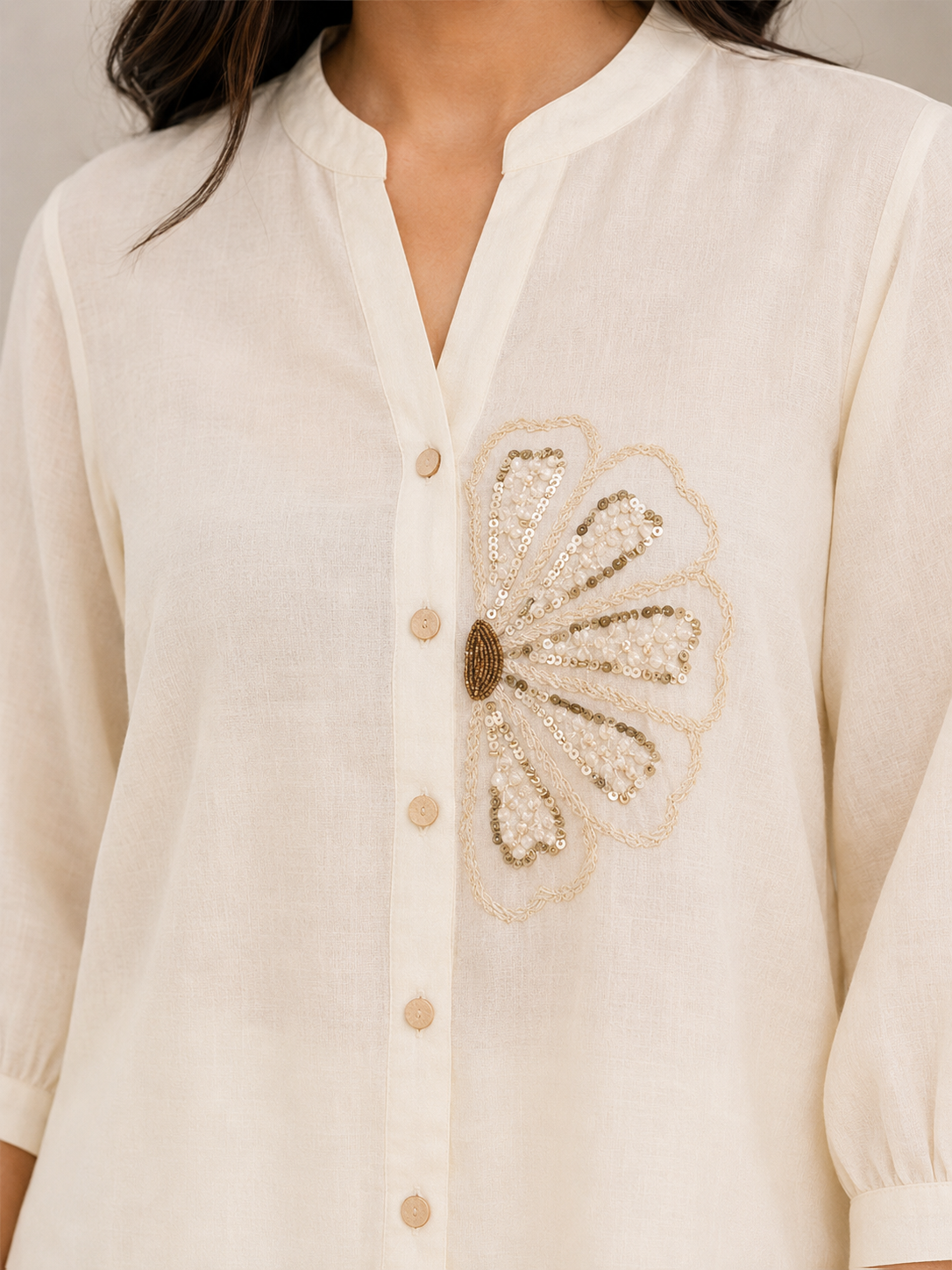 Cream Pearl Work Embroidery Shirt