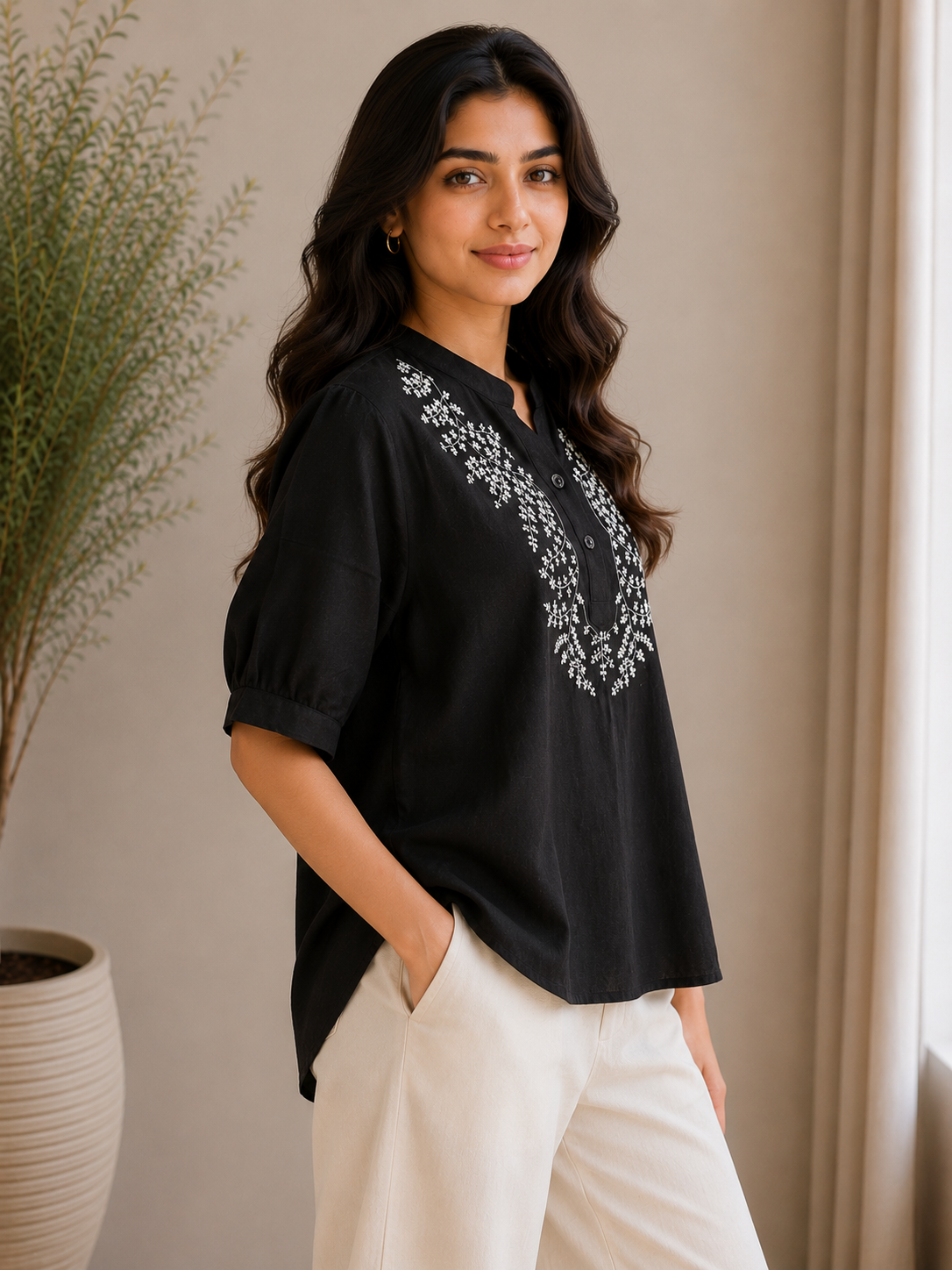 Black White Embroidery Top