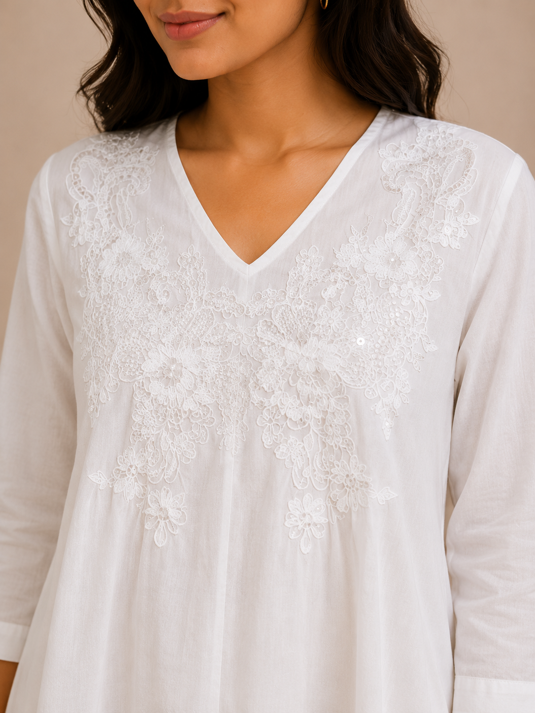 White V Neck Pearl Work Top