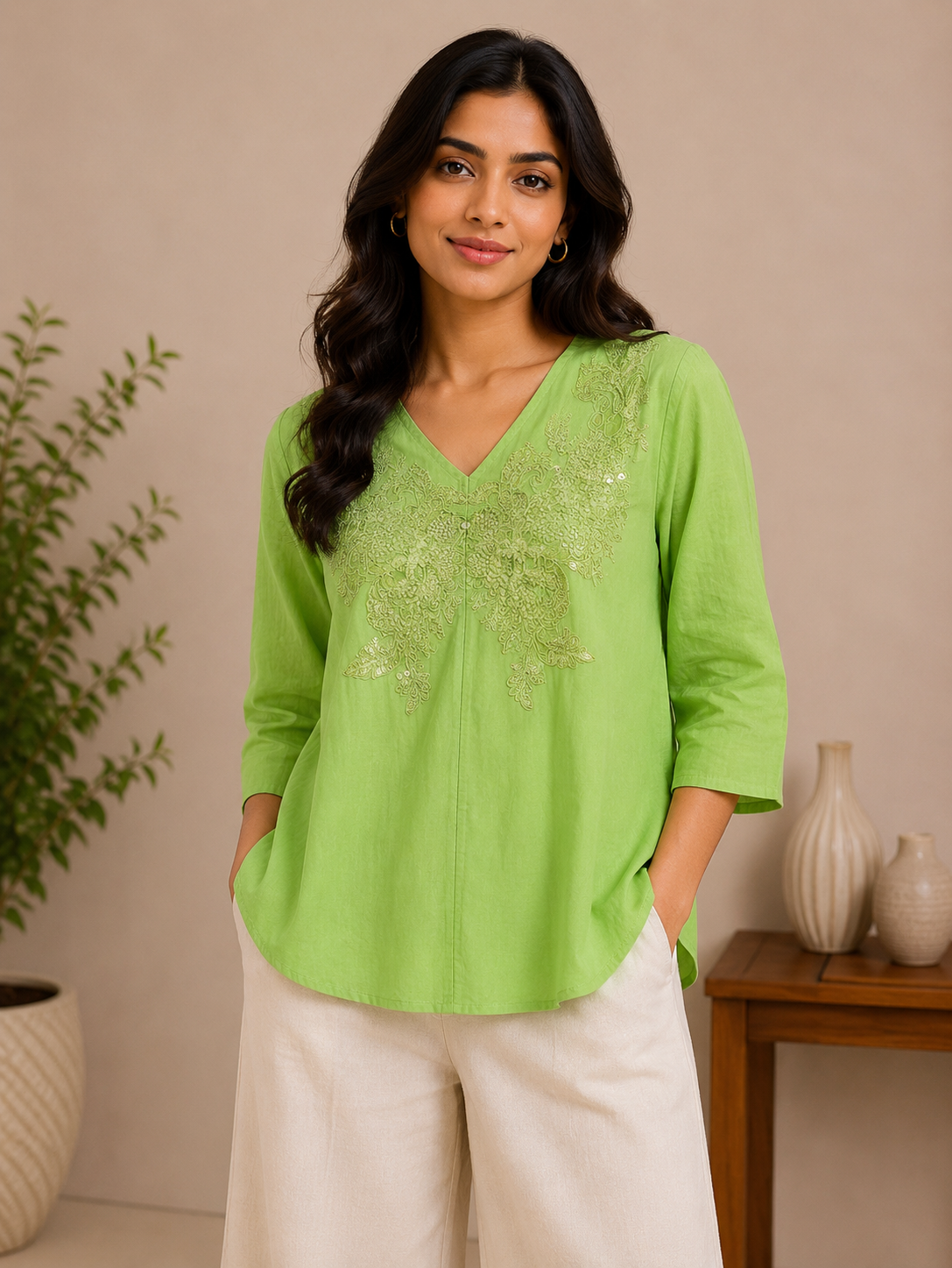 White V Neck Pearl Work Top