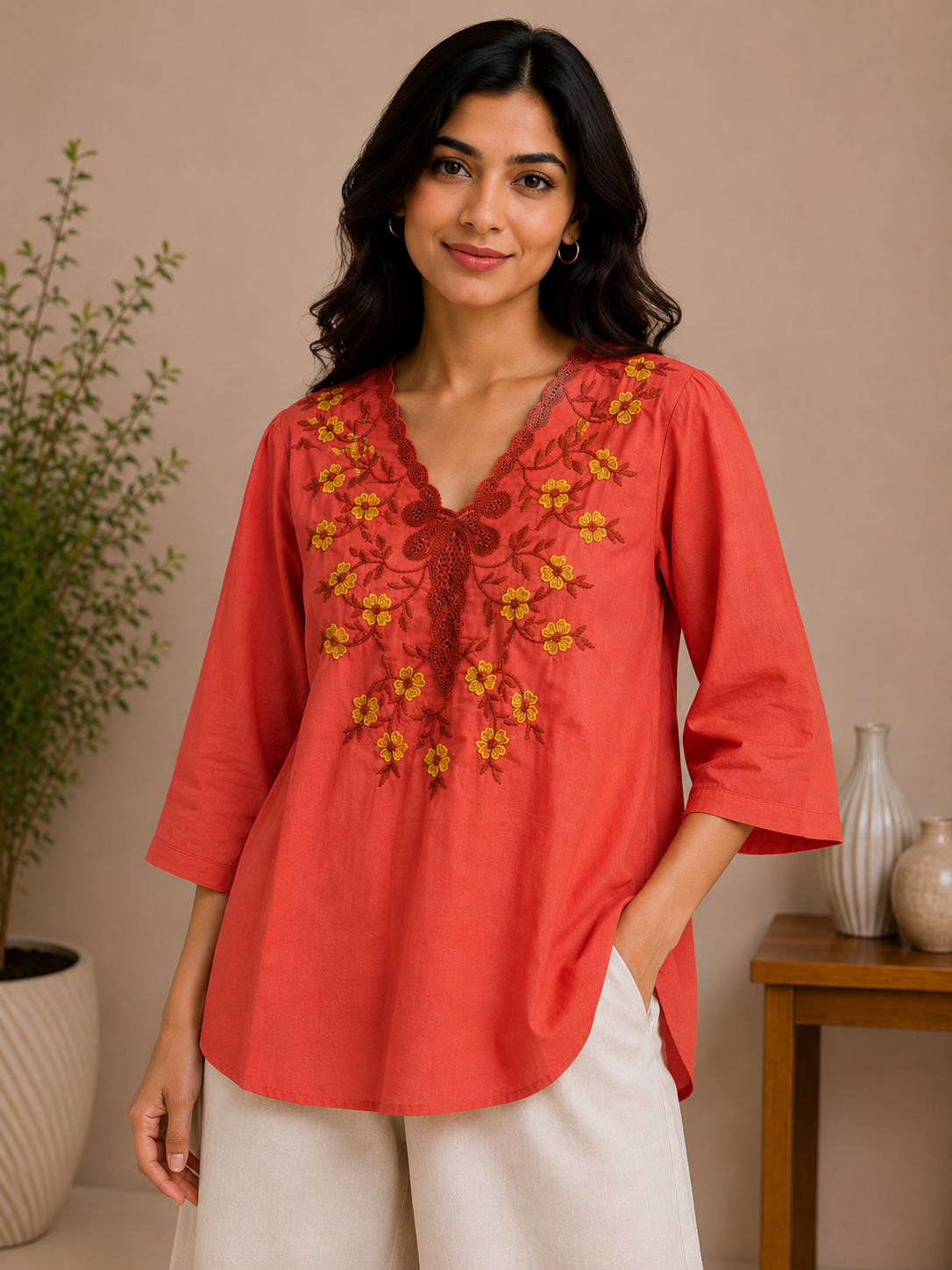 Brick Red Flower Embroidery Top
