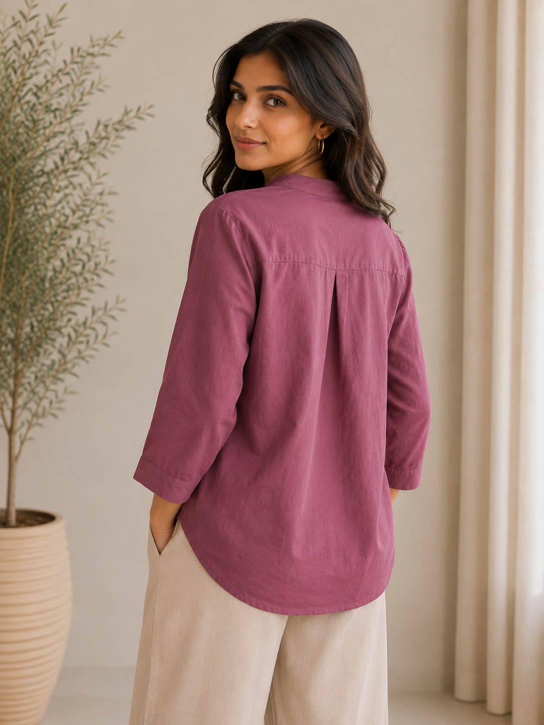 Magenta Pearl Work Embroidery Shirt