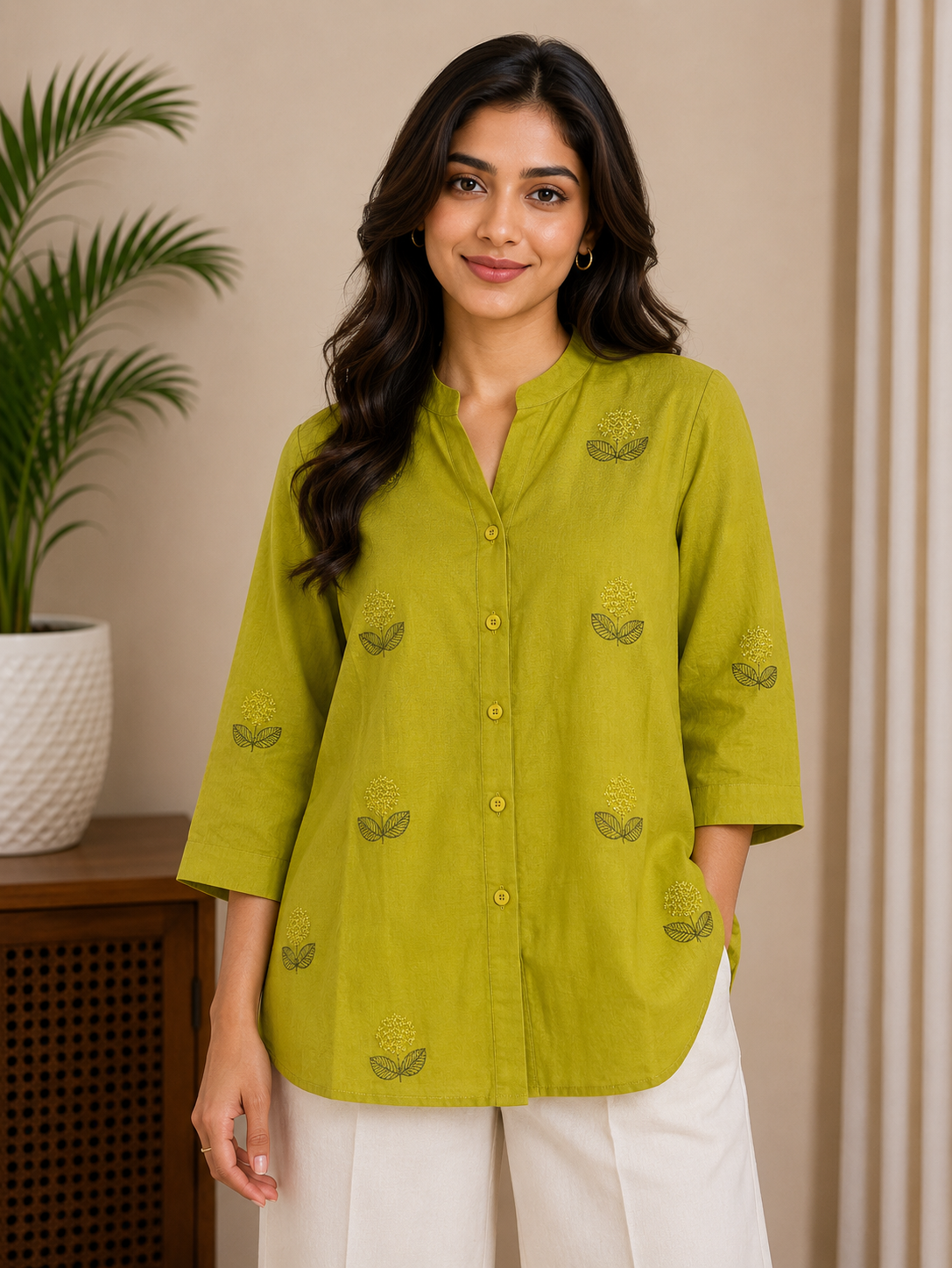 Mehendi Green Leaf Embroidery Shirt