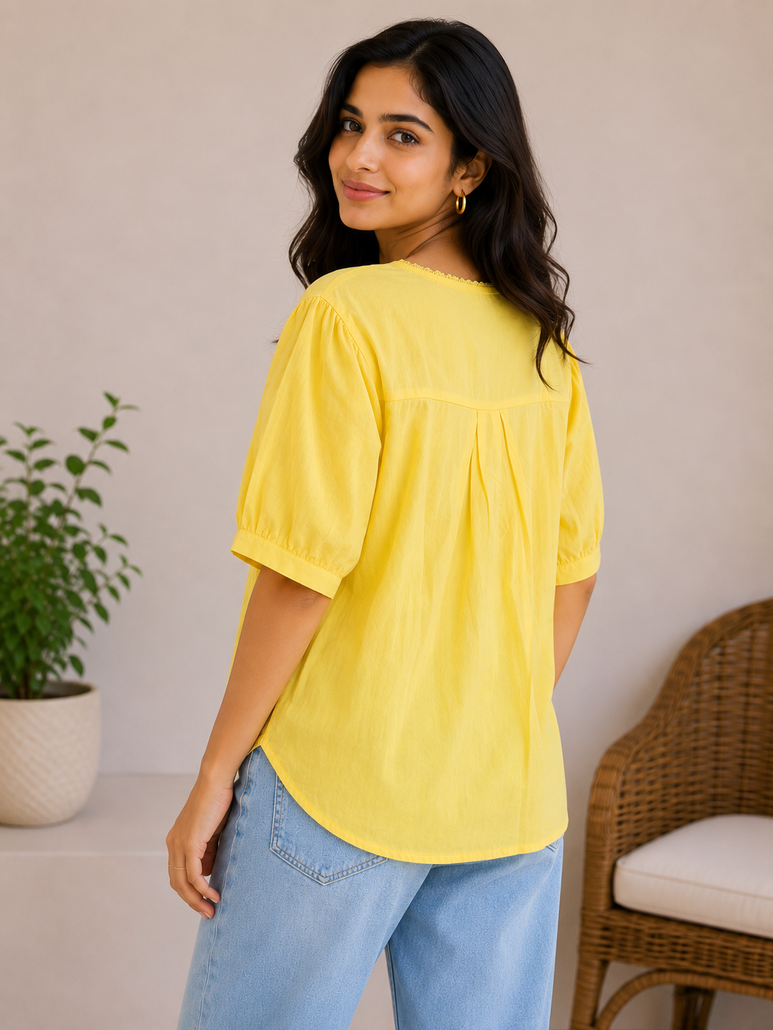 Milky Yellow Flower Embroidery Top