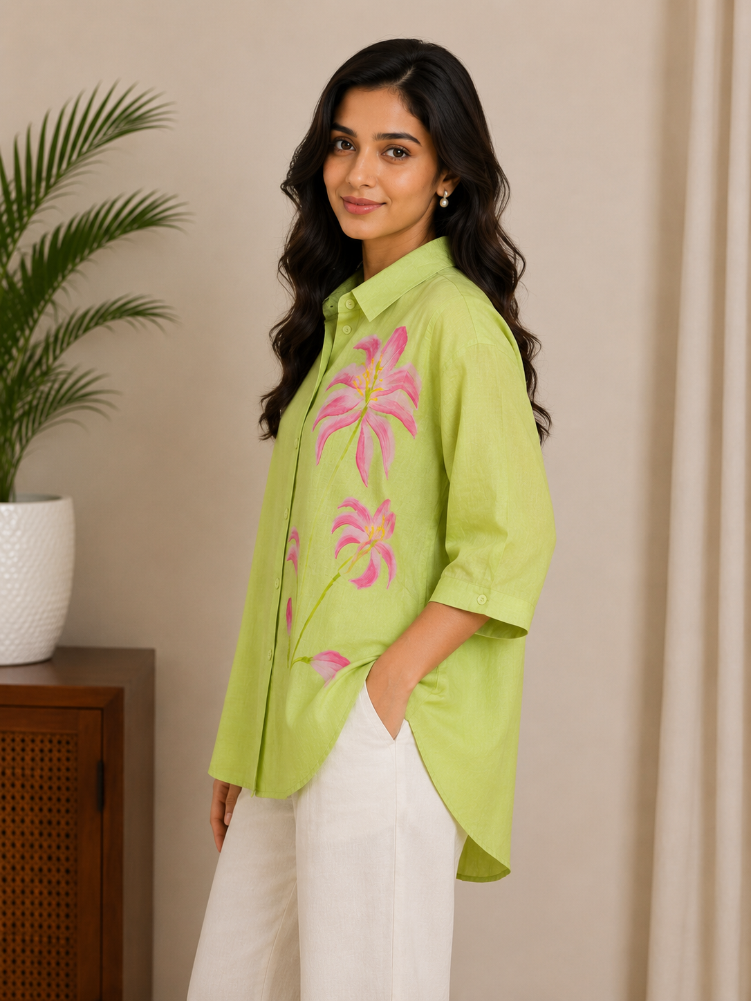 Dusty Green Pink Flower Print Shirt