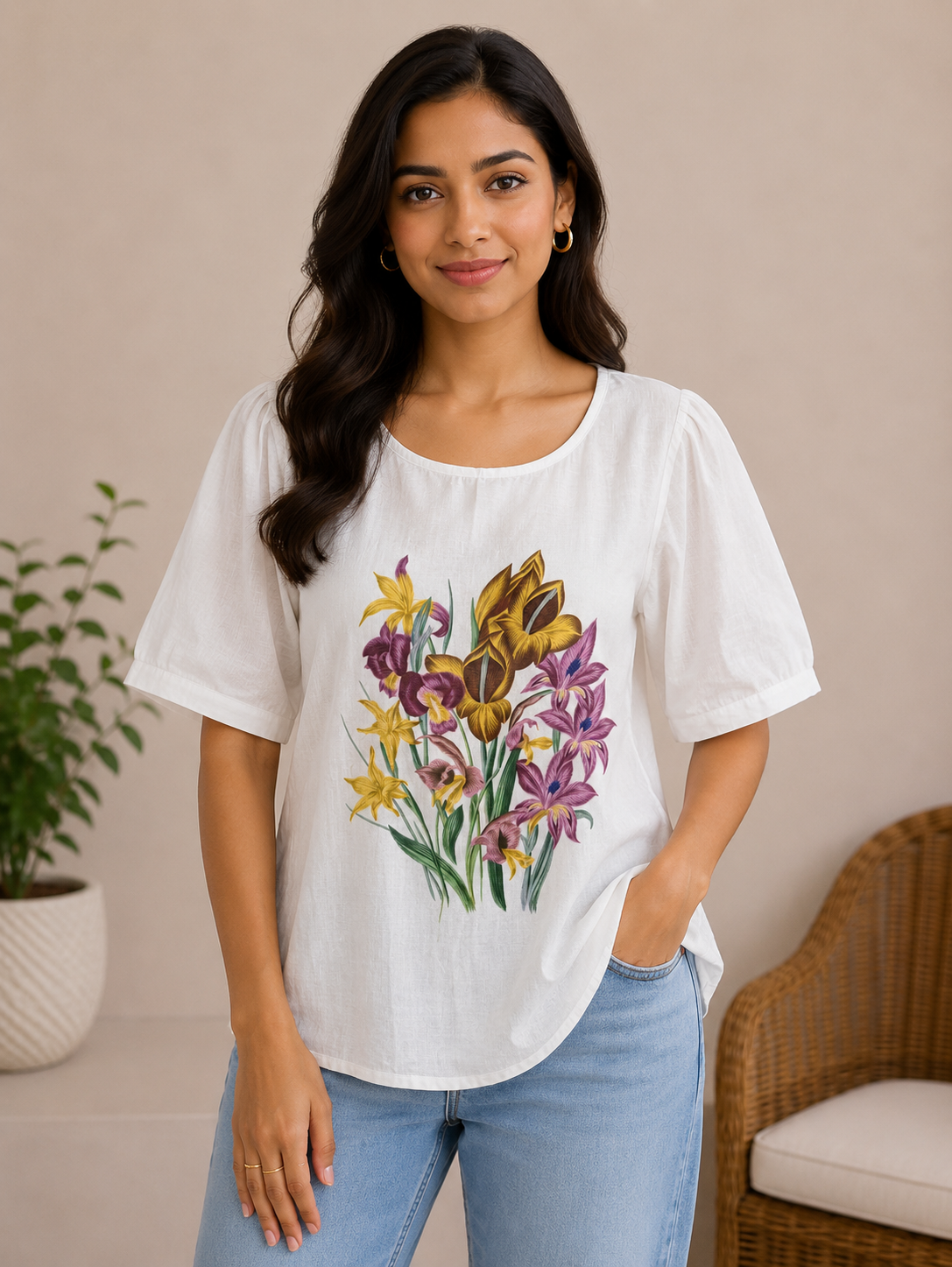 White Flower Print Top