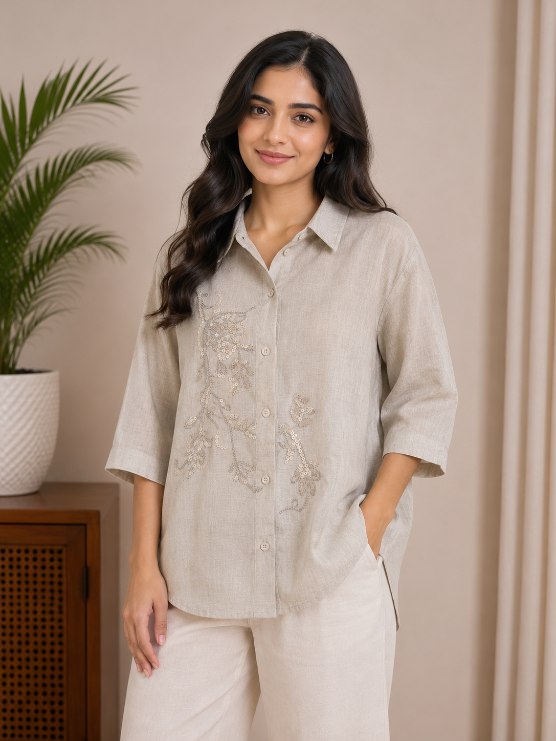 Beige Sequence Work Shirt