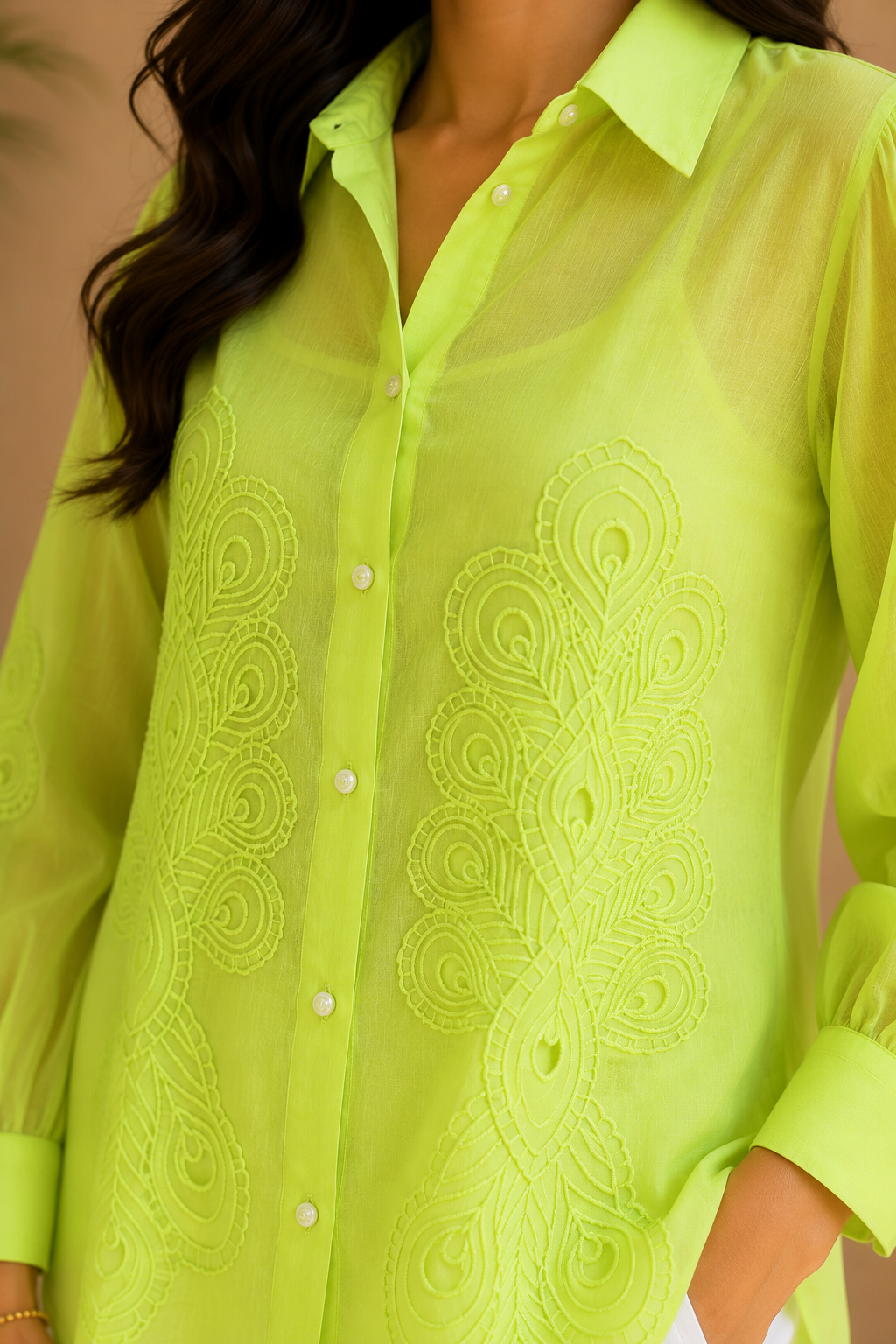 Pista Green Cutwork Organza Shirt
