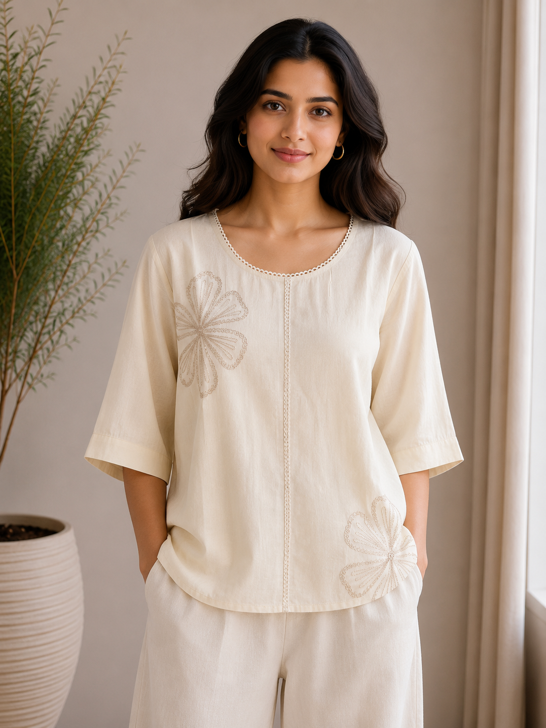 Cream Flower Embroidery Top