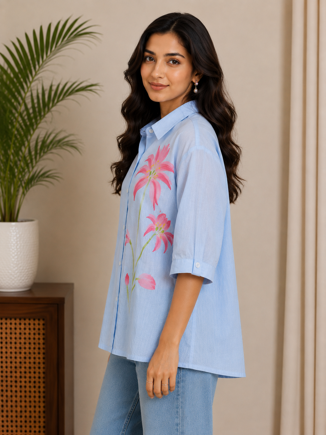 Skyblue Pink Flower Print Shirt
