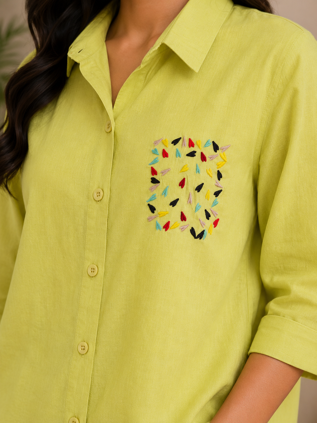 Pista Green Heart Embroidery Shirt