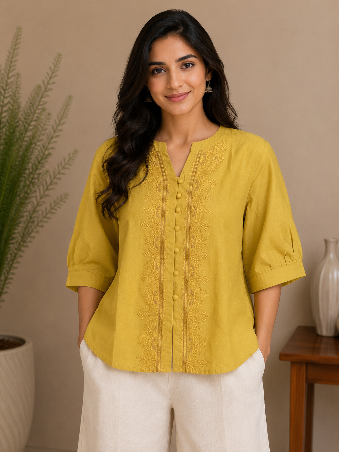 Yellow Thread Work Embroidery Shirt