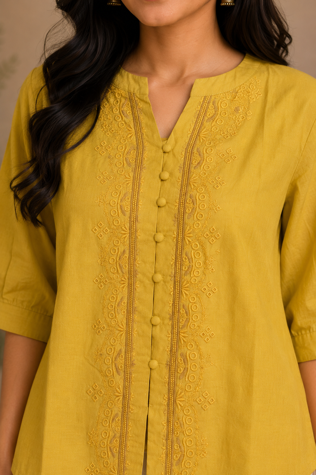 Yellow Thread Work Embroidery Shirt