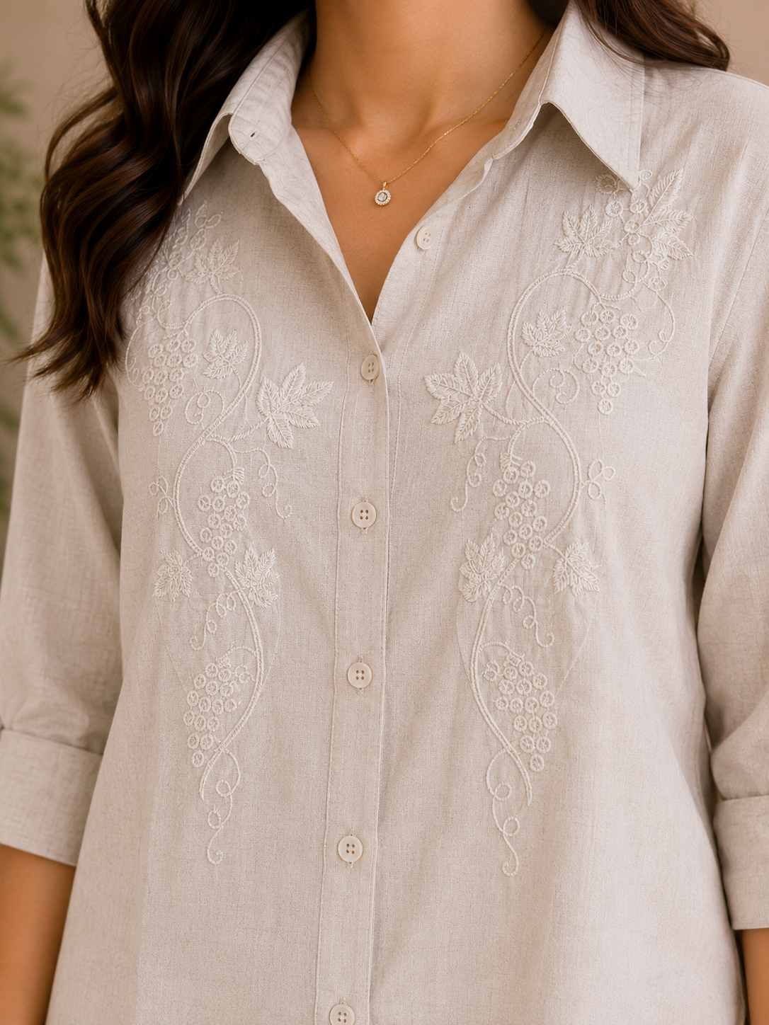 Beige Self Embroidery Shirt