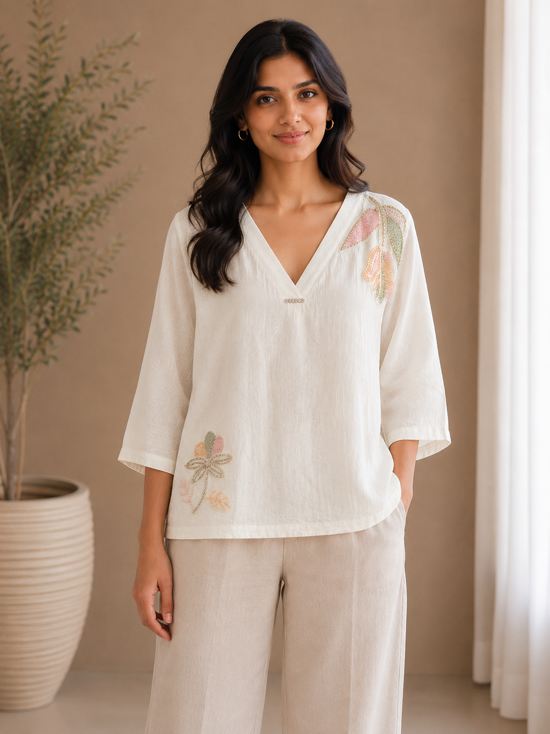 Pearl White V Neck Top