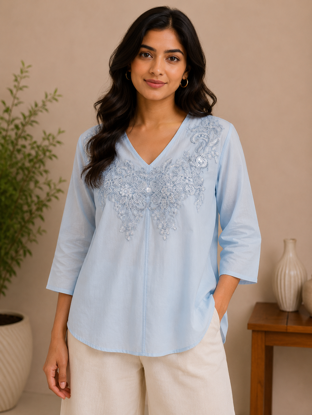 Skyblue V Neck Pearl Work Top