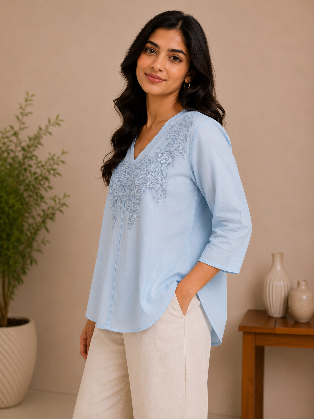 Skyblue V Neck Pearl Work Top