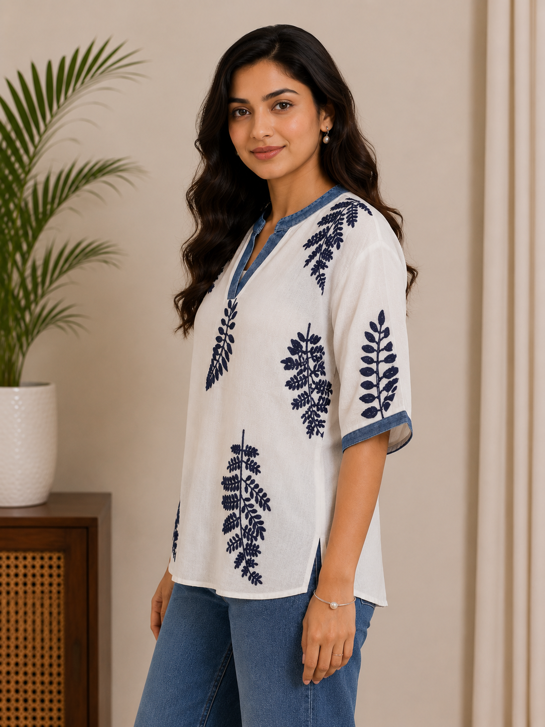 White Denim Flower Top