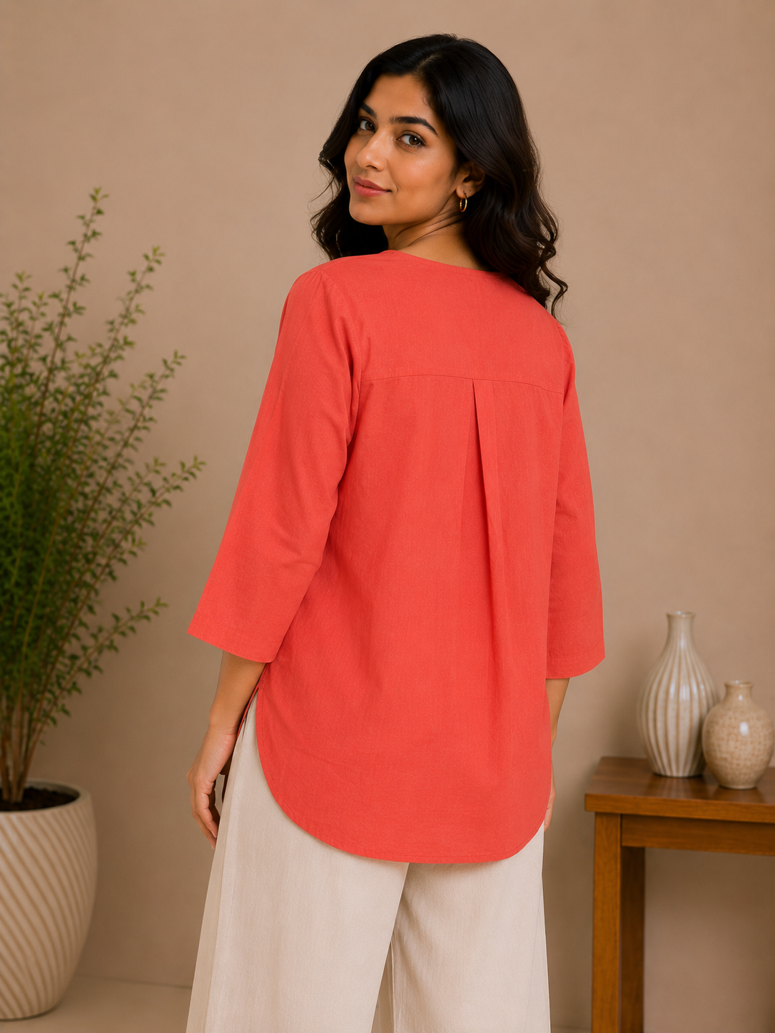 Brick Red Flower Embroidery Top