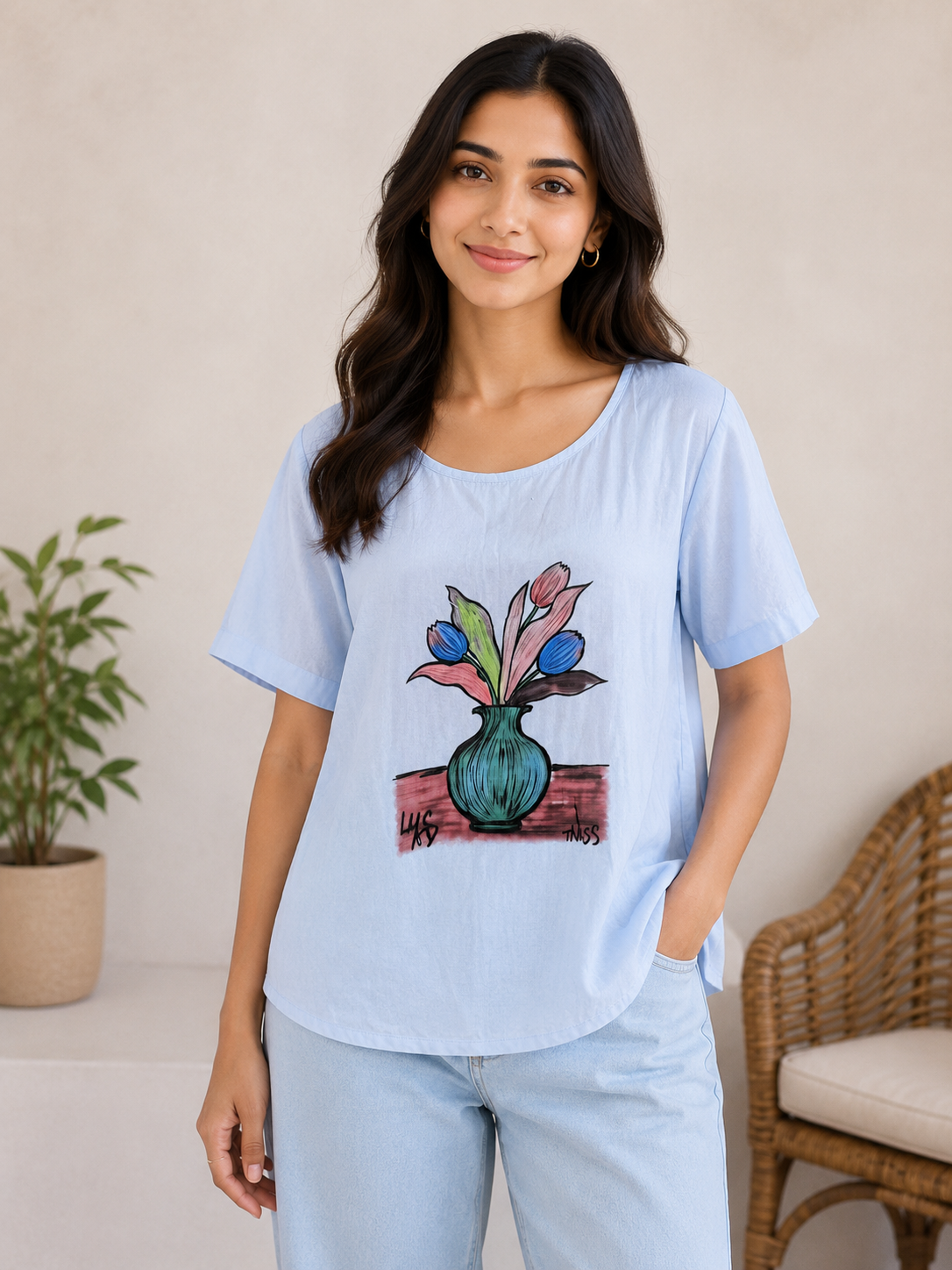 Skyblue Printed Round Neck Top