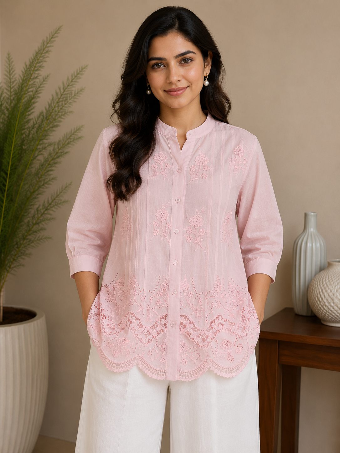 Baby Pink Chinese Collar Shirt