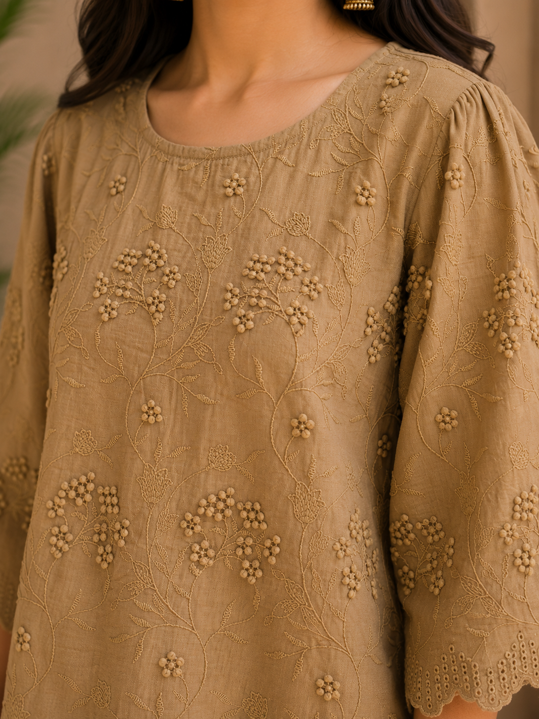 Coco Brown Allover Embroidery Top