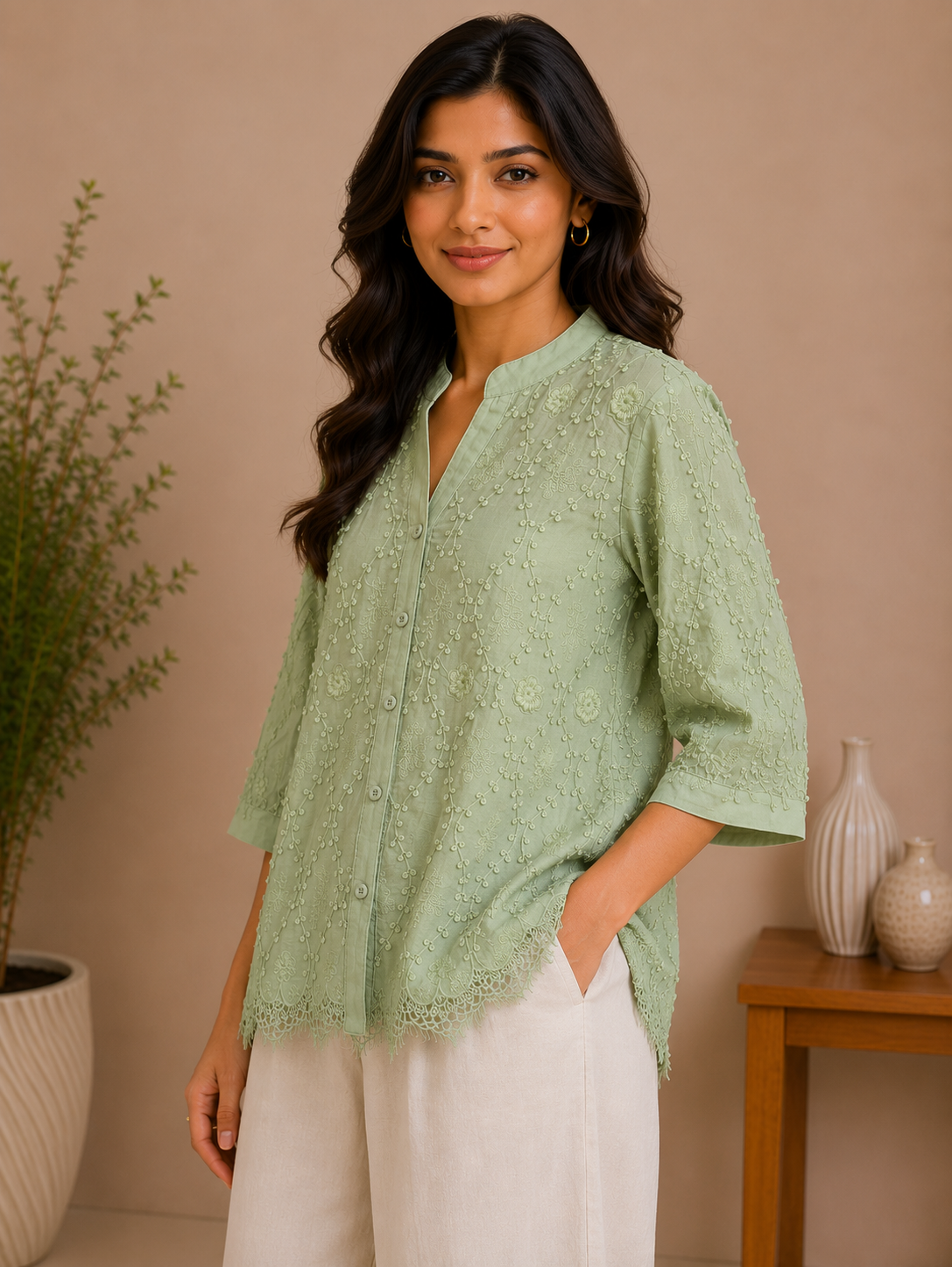Dusty Green Allover Embroidery Shirt