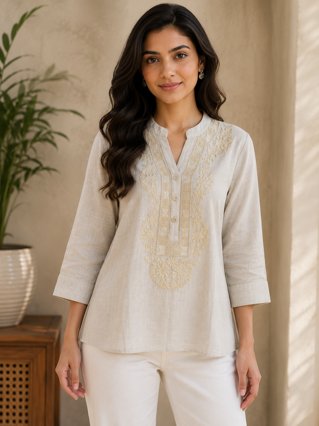 Beige Petal Self Embroidery Top
