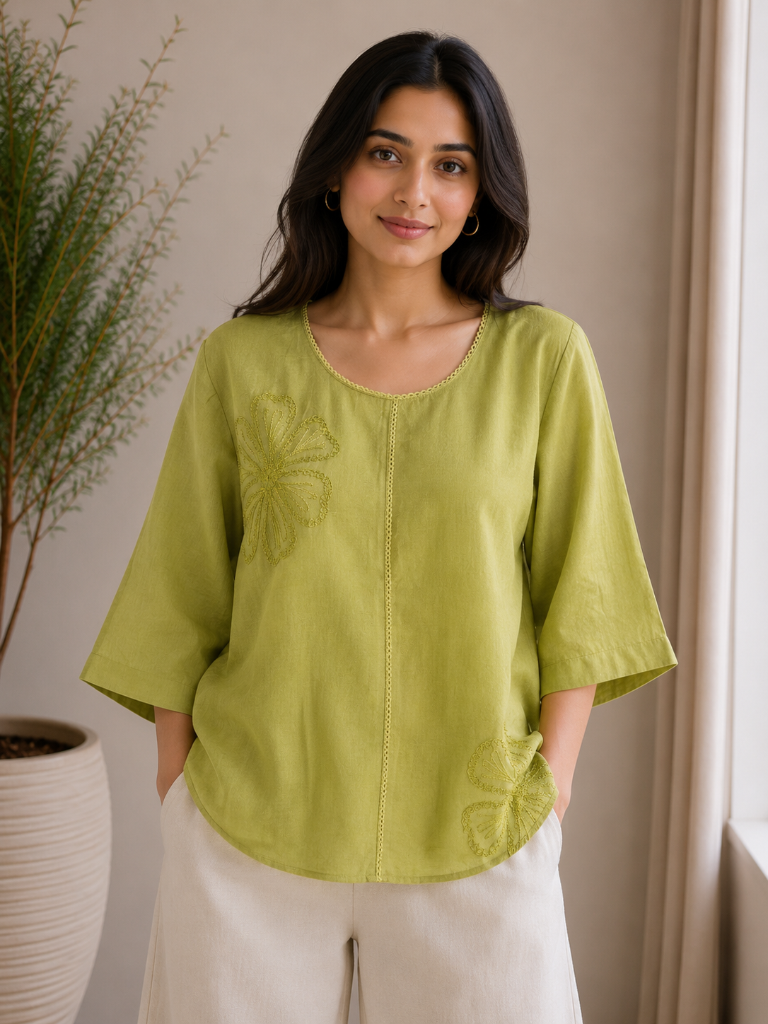 Light Green Flower Embroidery Top