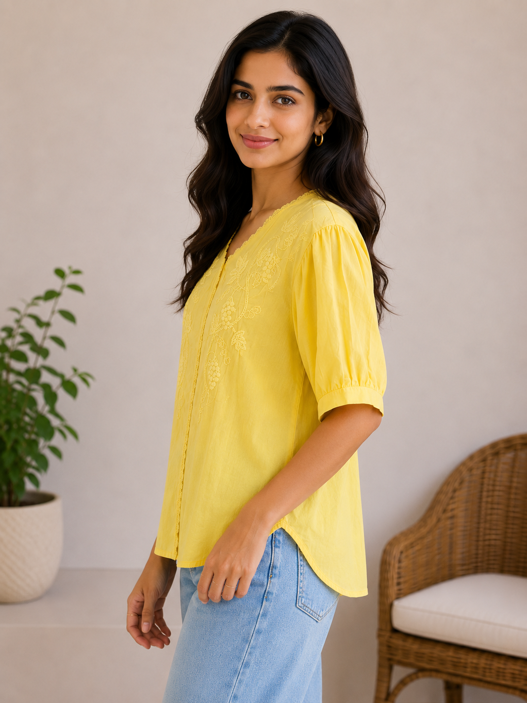 Milky Yellow Flower Embroidery Top
