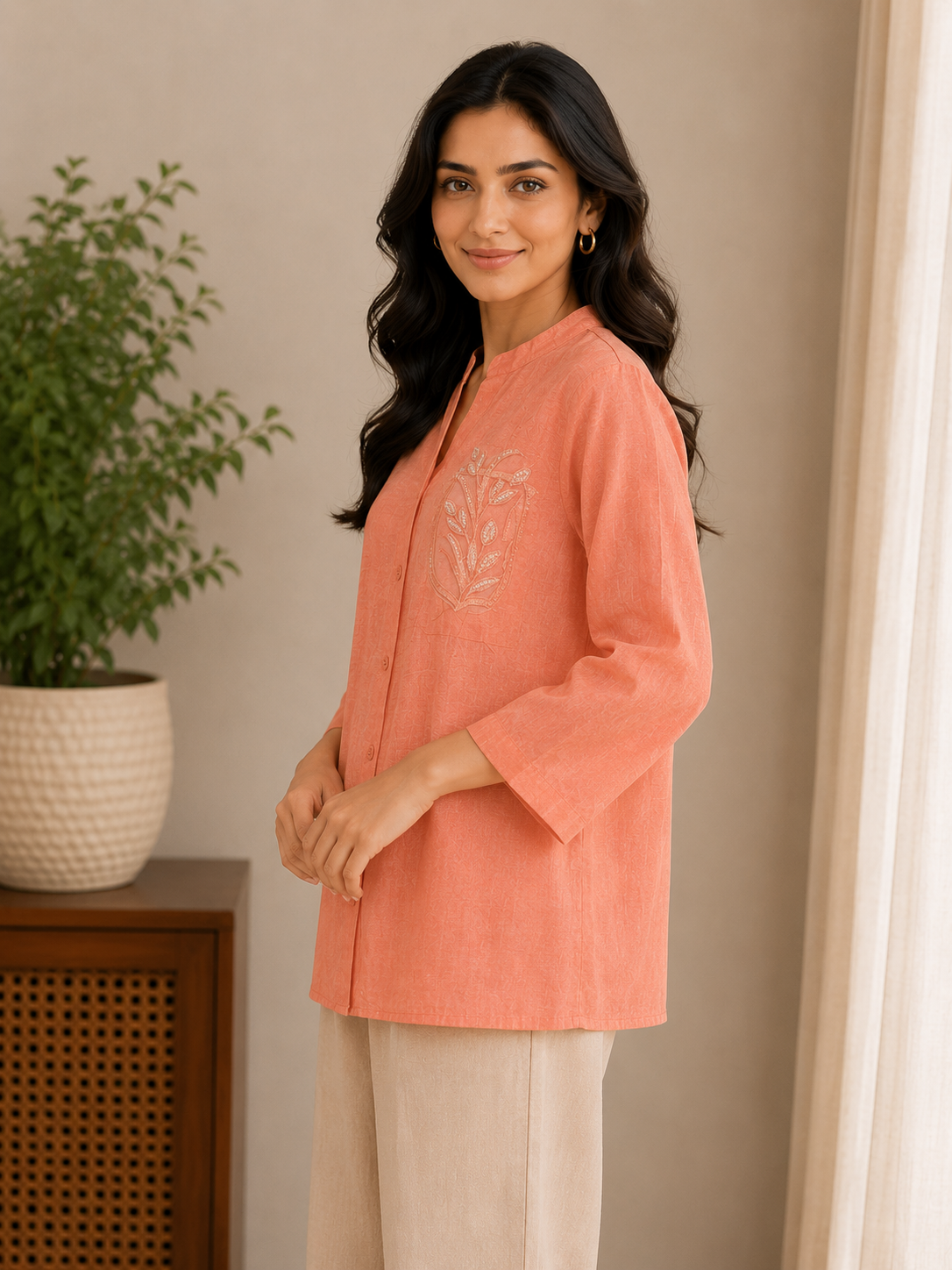 Orange Pearl Embroidery Shirt