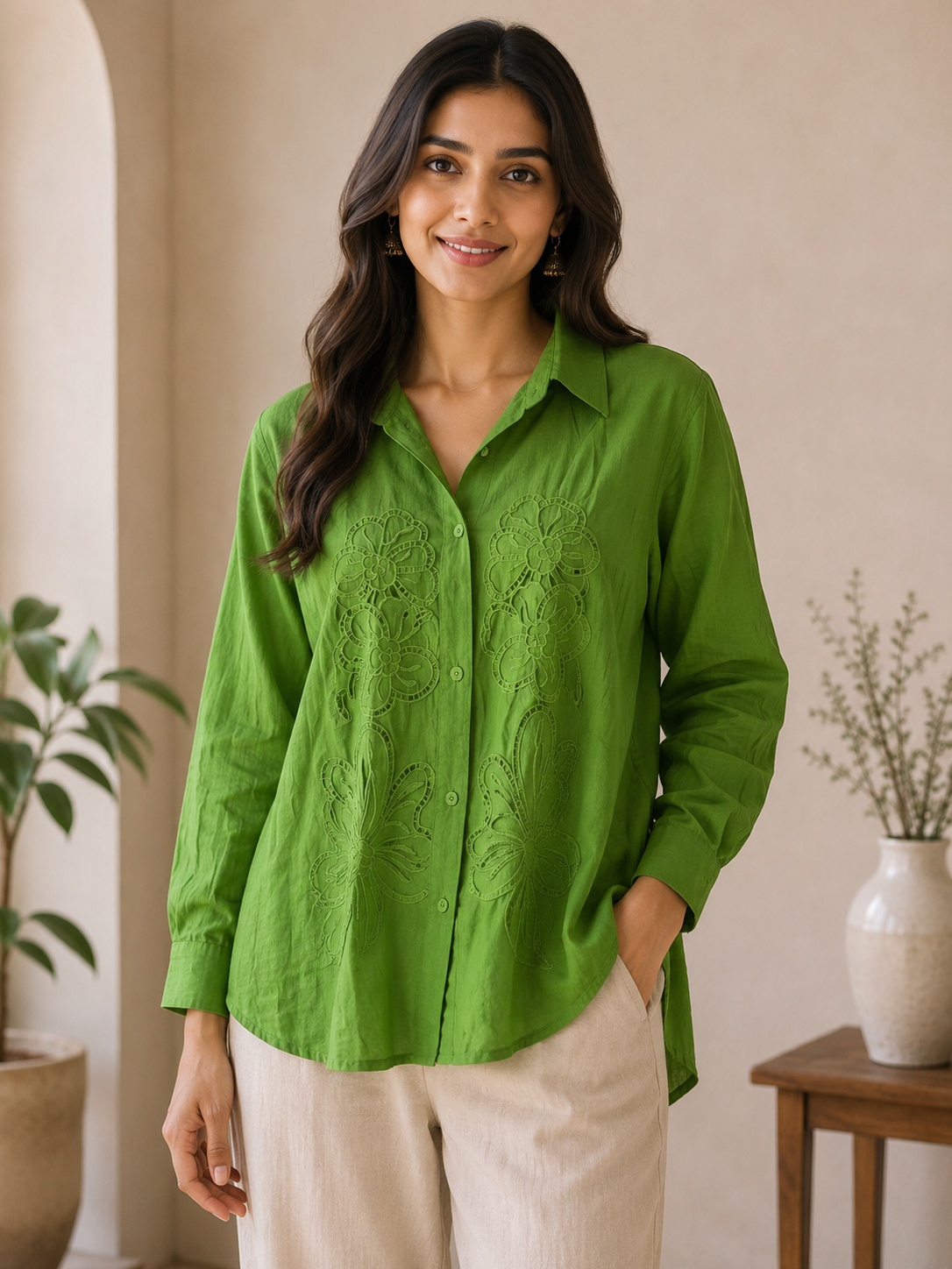 Dark Green Self Embroidery Shirt