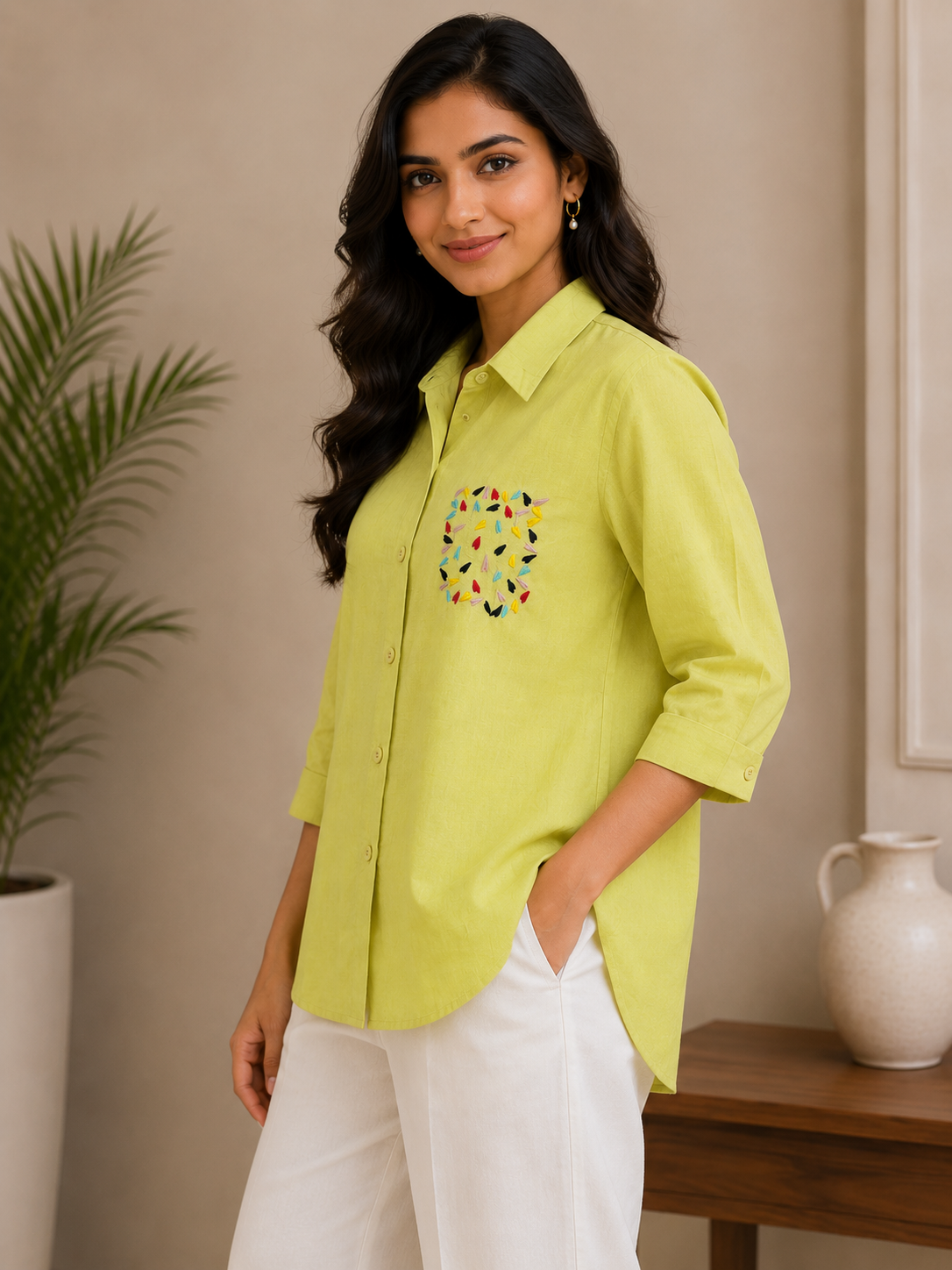 Pista Green Heart Embroidery Shirt