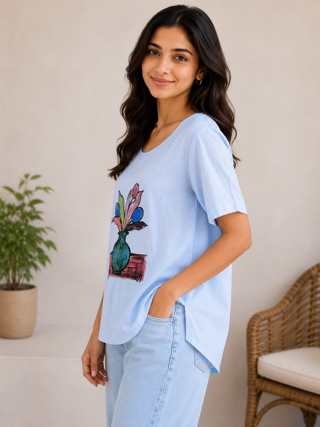 Skyblue Printed Round Neck Top