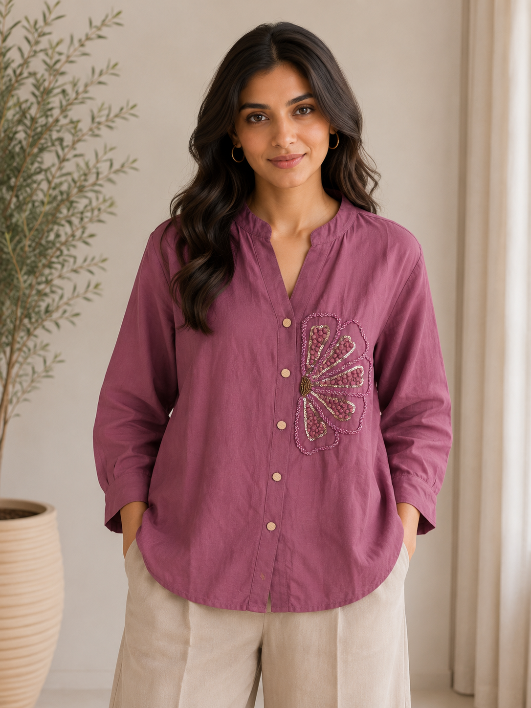 Magenta Pearl Work Embroidery Shirt