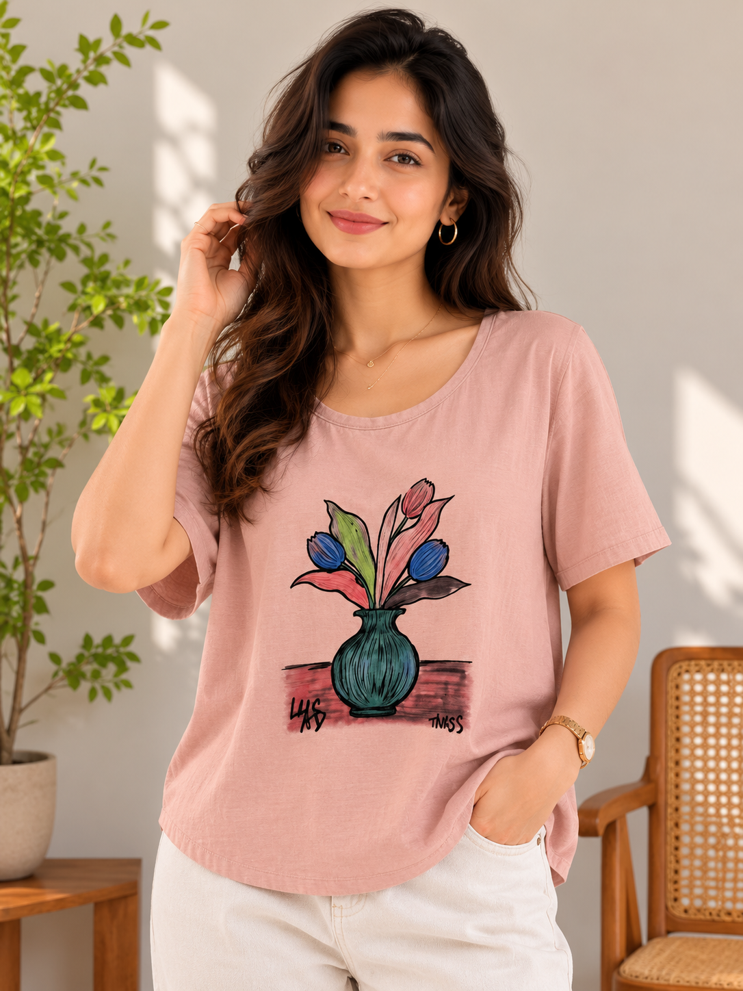 Choco Brown Printed Round Neck Top