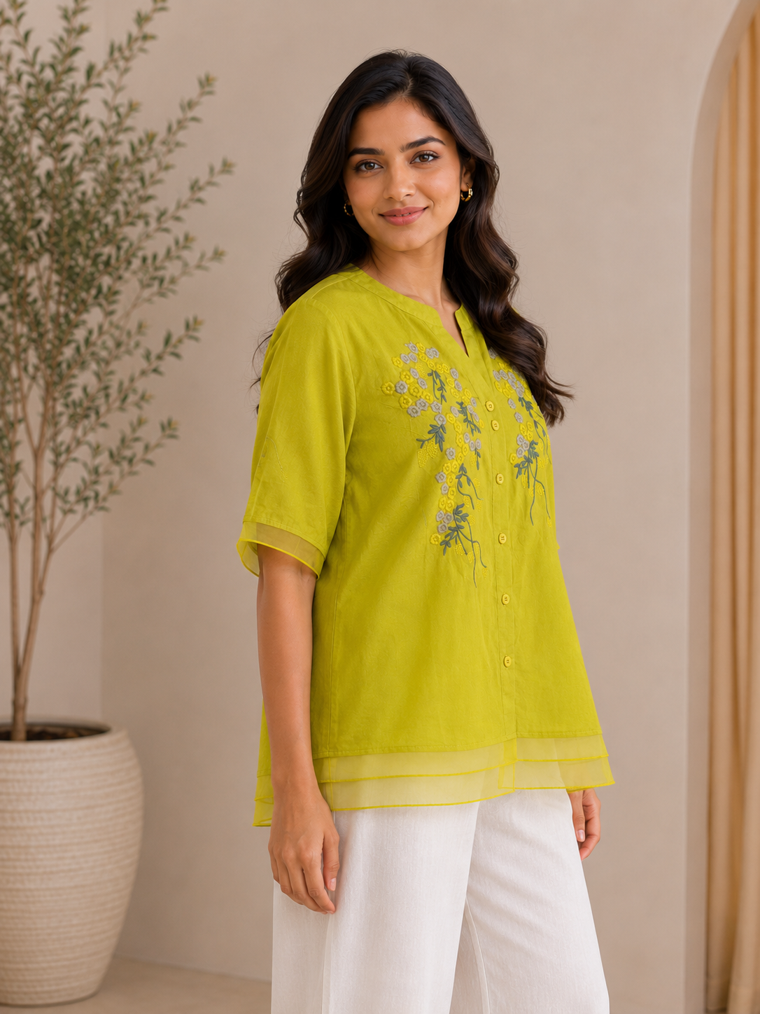Mahendi Green Flower Embroidery Shirt