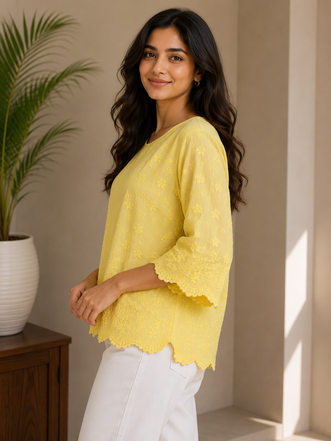 Milky Yellow Allover Embroidery Top
