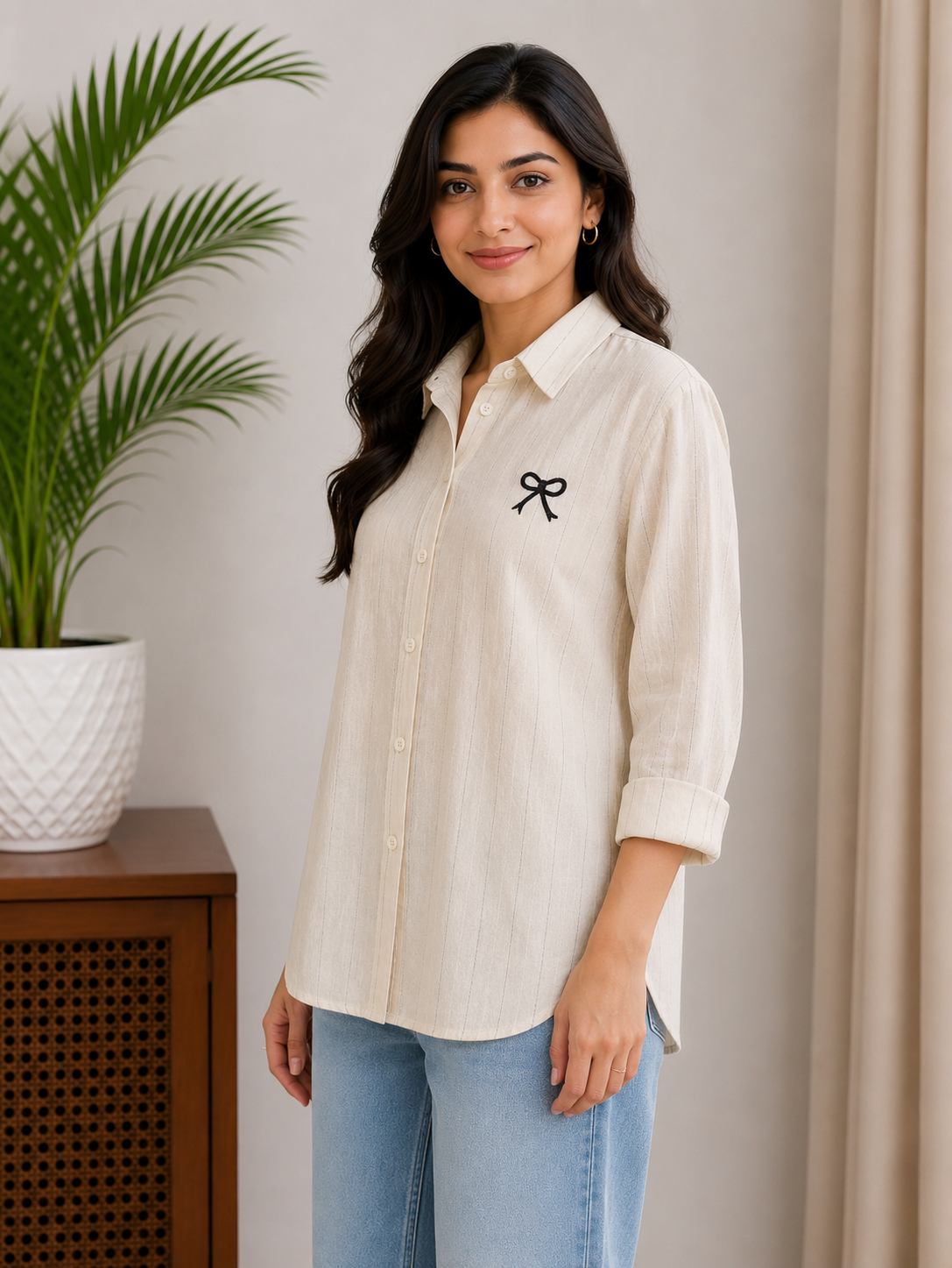 Beige Lining Bow Shirt
