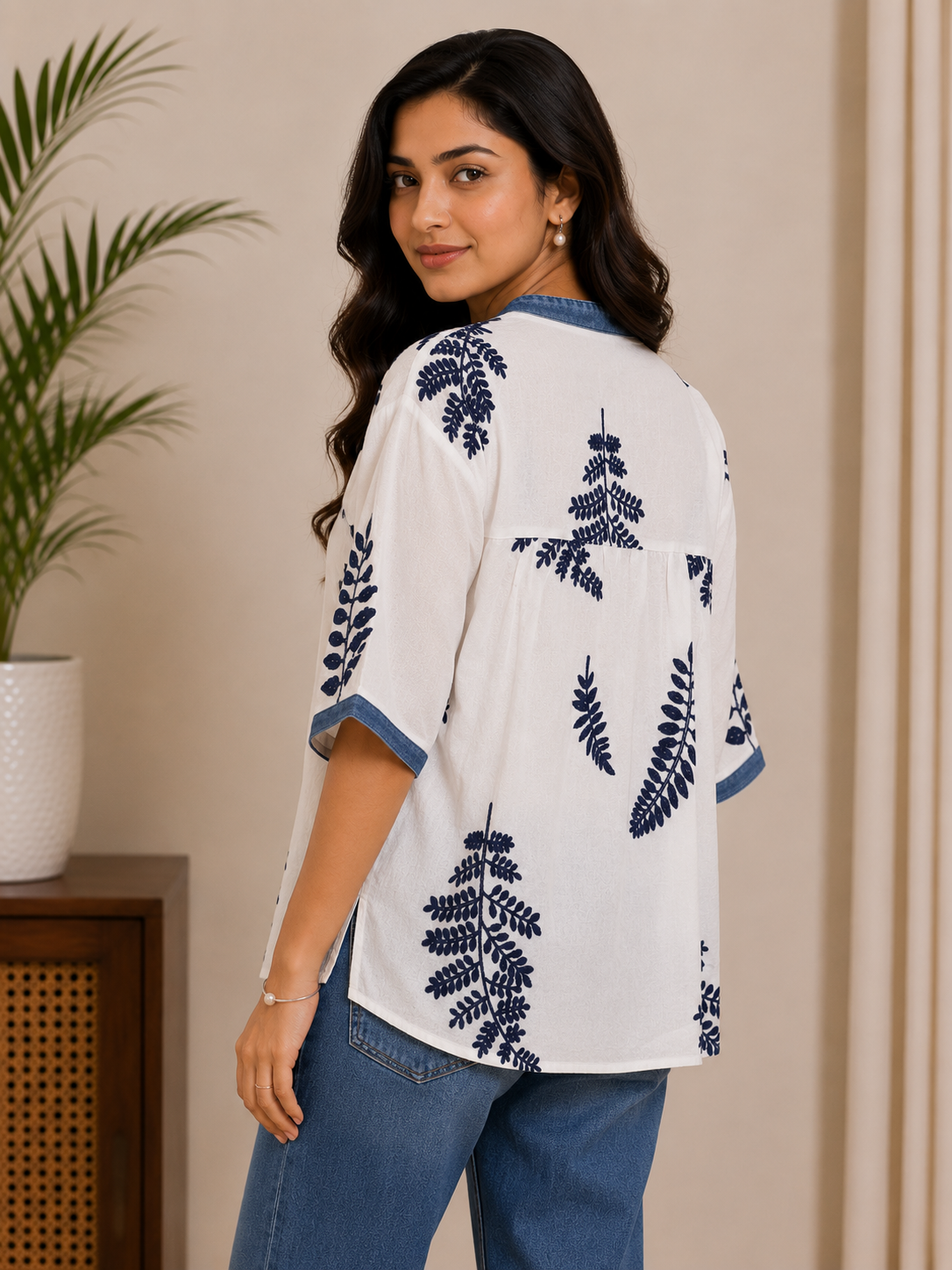 White Denim Flower Top