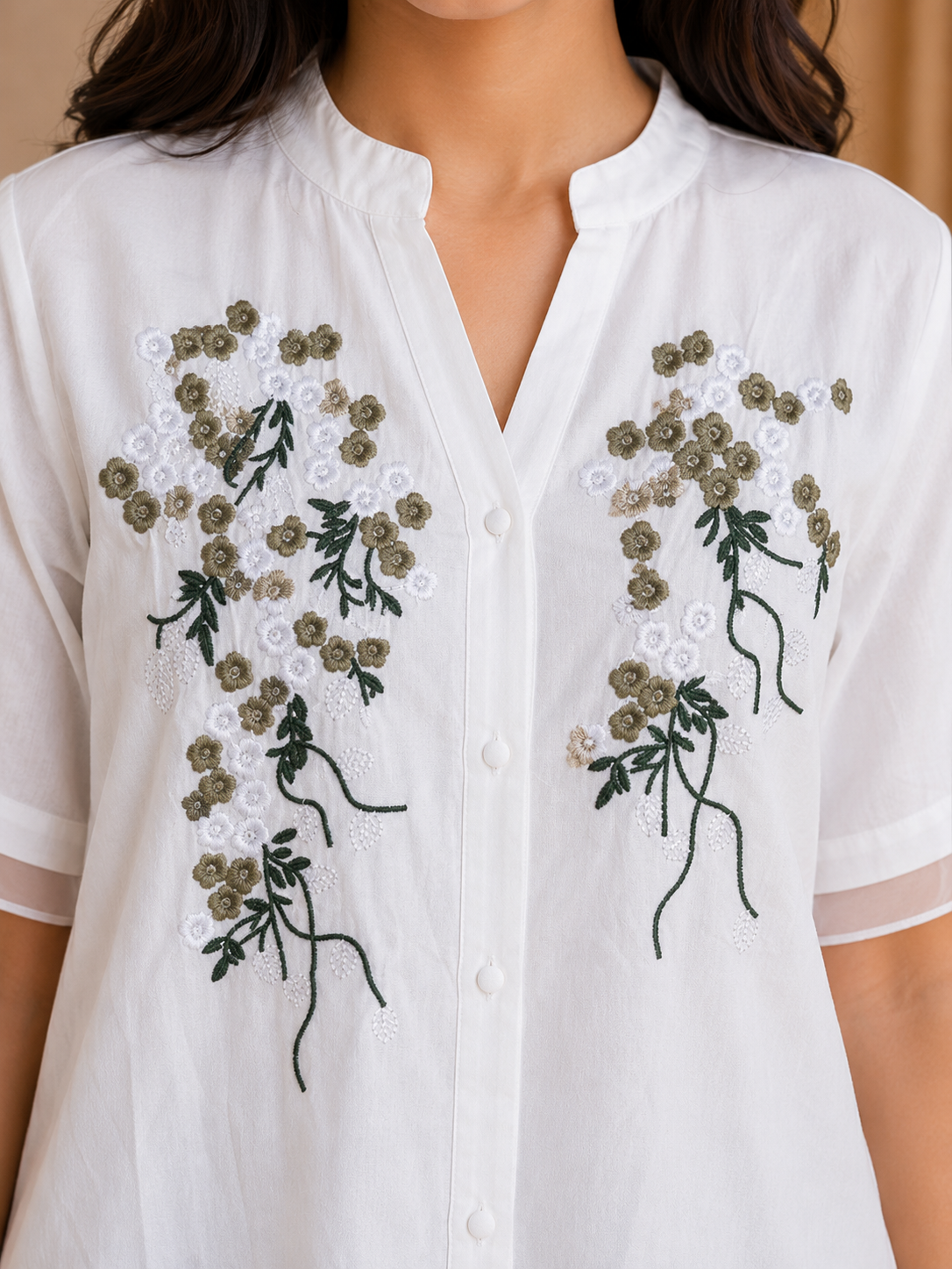 White Green Flower Embroidery Shirt