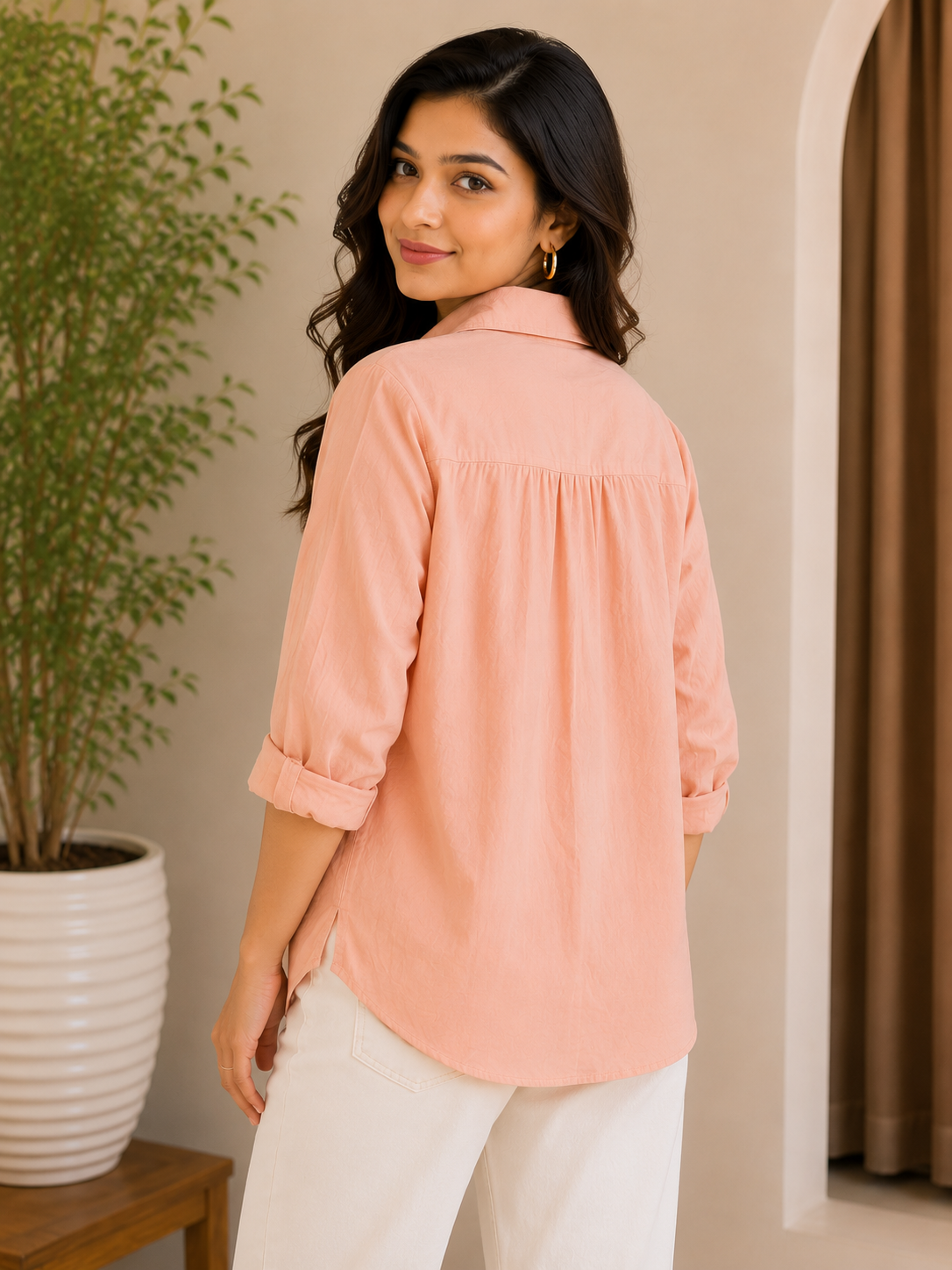 Peach Self Embroidery Shirt