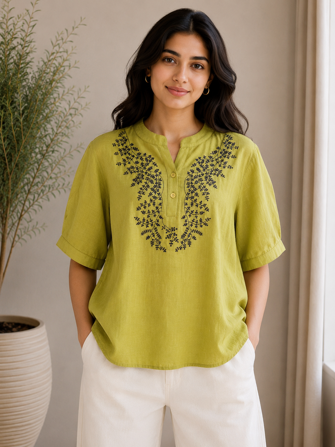 Green Brwon Embroidery Top